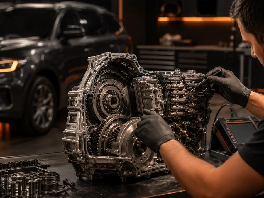Técnico especializado revisando câmbio automático em oficina Point Motors